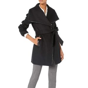 NWOT Elie Tahari black wool-blend wrap coat w/Whipstiched leather trim